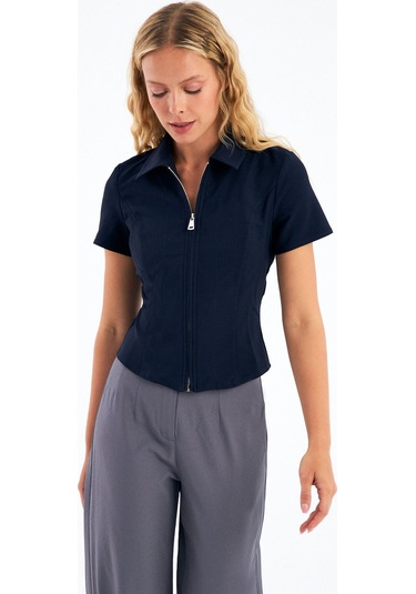 Stella Pulvis Lacivert Fermuarlı Slim Fit Kuplu Bluz