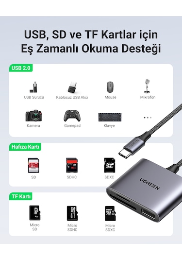 Ugreen Type-c To Sd Micro Sd/tf + Usb 2.0 Kart Okuyucu Adaptör, 80798