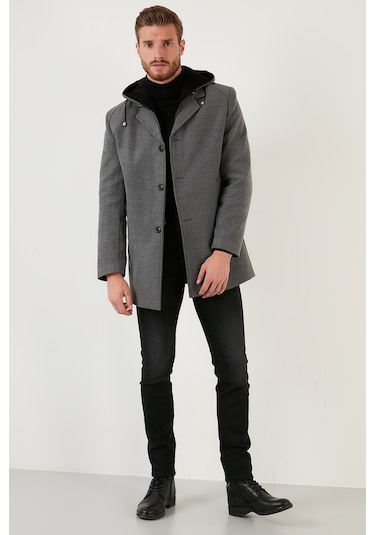 Buratti Çıkarılabilir Kapüşonlu Kırçıllı Slim Fit Kaşe Erkek Kaban 5841013 Açık Gri