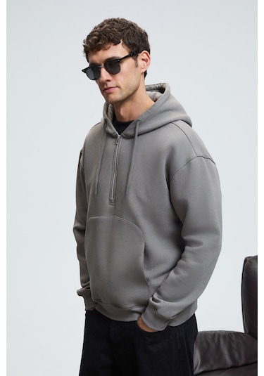 JUSTUS Erkek Kapüşonlu Kanguru Cepli Fermuar Yakalı Koyu Gri Sweatshirt