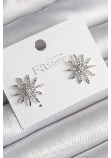 Pirinç Gümüş Renk Zirkon Taşlı Yıldız Model Kadın Küpe Çok Renkli