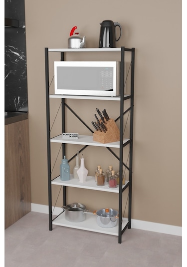 Metal Mutfak Rafı 5 Raflı Dekoratif Malzeme Dolabı Beyaz