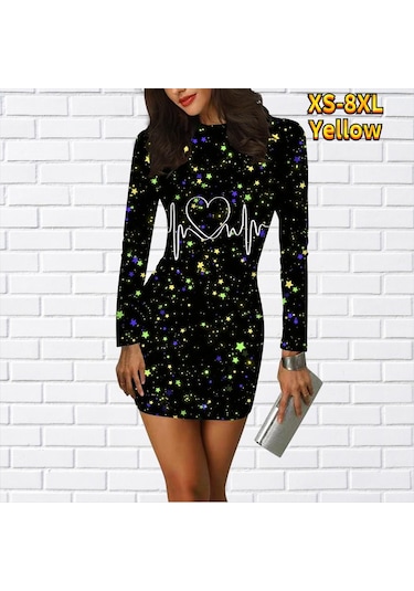 Sarı Uzun Kollu Bodycon 3d Aşk Devre Baskı Elbise Kadın Mini Elbiseler Sonbahar Sıska Sıkı Parti Vestidos
