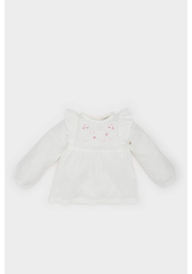 DeFacto Kız Bebek Bisiklet Yaka Floral Flamlı Poplin Uzun Kollu Gömlek E2833A525SPWT32 Beyaz