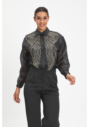Kadın Şifon Gömlek - Zarif Boncuk İşlemeli Siyah