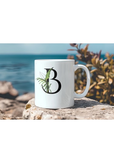 B Harf Zarif Yaprak Desenli Kupa Bardak - Naturel Sade Alfabe Harfli Bardak - Kişiye Özel Hediye Beyaz