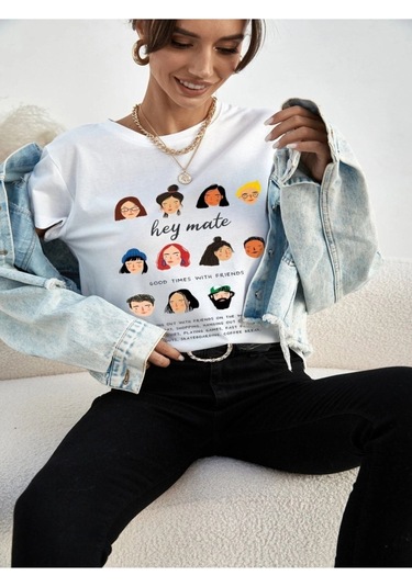 Kadın Beyaz Oversize Hey Mate Baskılı T-shirt Beyaz-67174