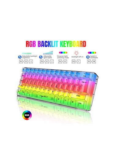 Geeksen 61 Tuşlu Rgb Şeffaf Oyun Klavyesi Usb Arkadan Aydınlatmalı Klavye Ergonomik Tasarım Çıkar Şeffaf