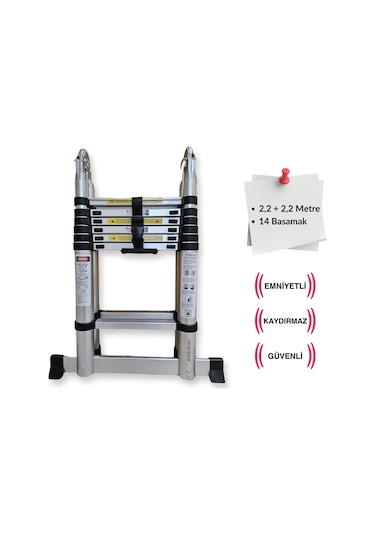 220 + 220 Cm. - 7+7 Basamaklı Teleskobik / Teleskopik Alüminyum A Merdiven