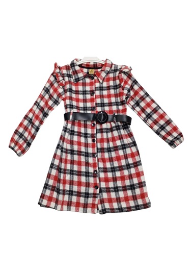 Kız Çocuk Düğme Kapamalı Kemerli Ekose Desenli Oduncu Elbise Kırmızı