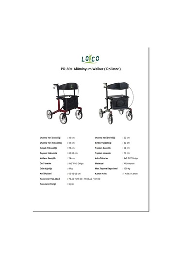Pr-891 Alüminyum Lüx Walker Rollatör Kırmızı