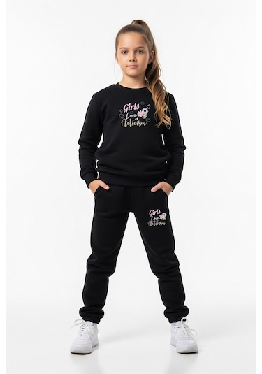 Düz Yuvarlak Yaka Girls Love Yazı Baskılı Kız Çocuk Eşofman Takımı Siyah
