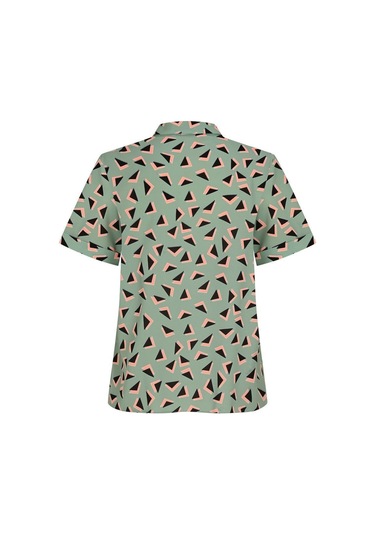 Kadın Volan Detaylı Geometrik Desenli Gömlek Bluz Frn1008 Yeşil