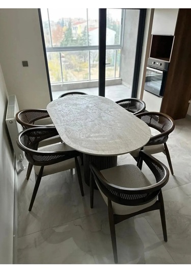 Luis 6 Sandalyeli İskandinav Tarzı Oval Masa Takım Krem