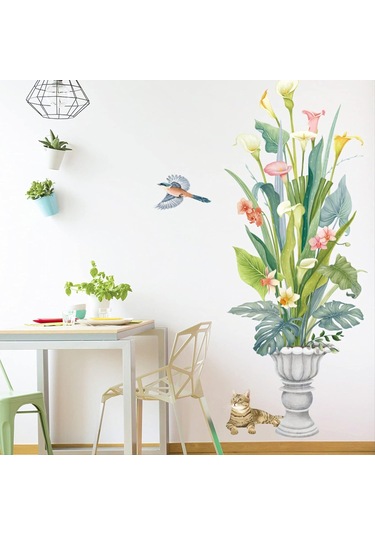 Çiçek Vazo Kedi Pvc Duvar Sticker Kendinden Yapışkanlı Ev Oturma Odası Dekorasyon Sticker Çıkarılabilir 62 115 Cm Şeffaf