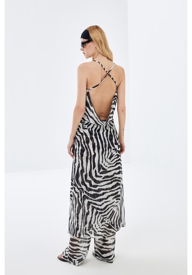 Zebra Desenli Sırt Dekolteli Şifon Elbise-zebra