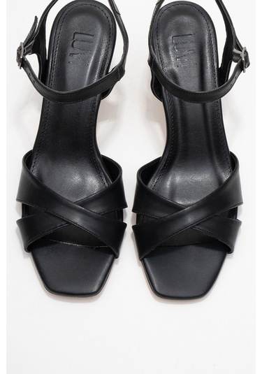 Melin Siyah Cilt Çapraz Bantlı Kadın Topuklu Ayakkabı Siyah