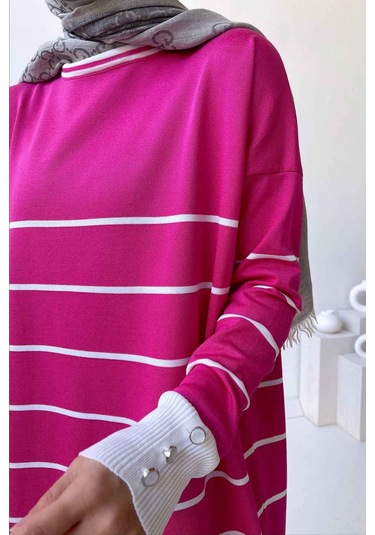 Bisiklet Yaka Çizgili Merserize Tunik - Fuşya