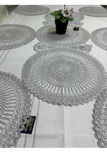 Nivemeshome Gri Örme Takım 7 Parça Sunumluk Seti Runner + Supla 6 Adet Gri