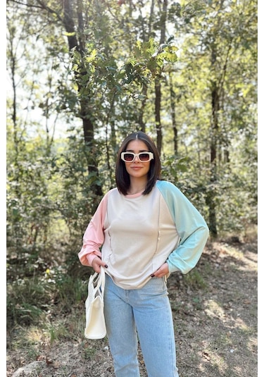 WeShaya Kadın Bej Uzun Balon Kol, Yuvarlak Yaka, Kolları Double Color Block Basic Sweatshirt Bluz Bej