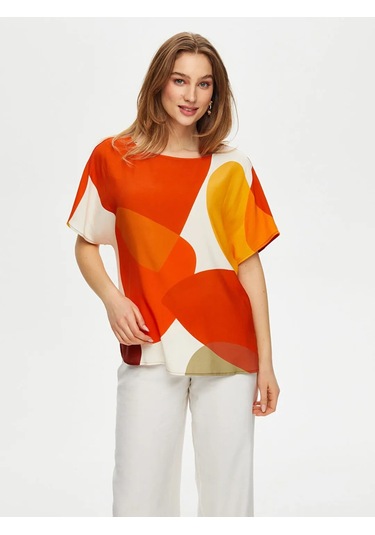 Faik Sönmez Geometrik Soyut Desen Viskon Kadın Bluz Us25blz039 Çok Renkli