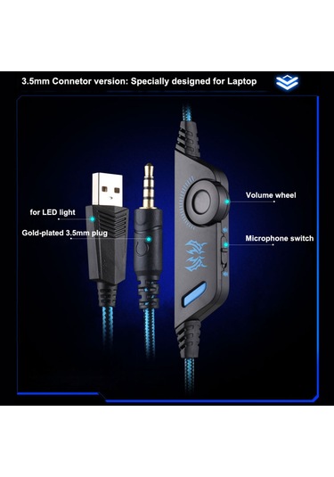 Wezone Kotıon Each G9000 Oyun Kulaklığı - 40mm Sürücü, Led Işımlı, Mikrofonlu, Ses Kontrolü, 3.5mm+usb, Mavi-siyah