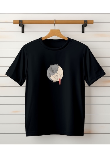 Yin Yang Kedi Baskılı Tshirt Siyah