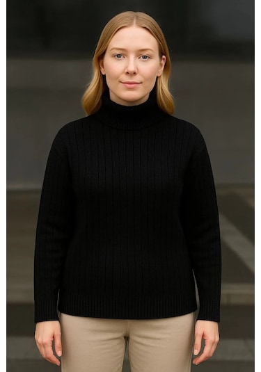 Kadın Balıkcı Yaka Bağazlı Triko Kazak Pamuklu Kalın Fitilli Dokuma - Siyah Siyah