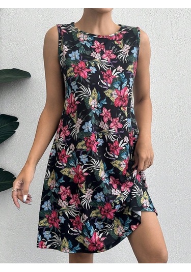 Kadın Renkli Çiçek Baskılı Süprem Elbise Lacivert