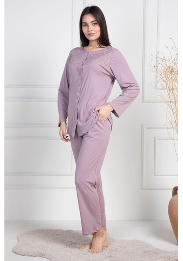 Mecit 6105 Bayan Gül Kurusu Büyük Beden Düğmeli Pijama Takımı Gülkurusu