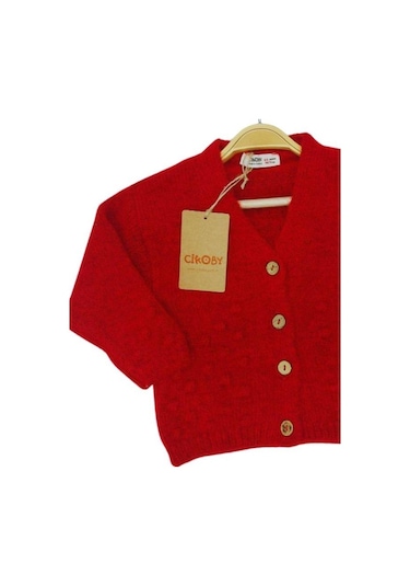 Kız Bebek Kırmızı Düğmeli Hırka-13685 Kırmızı