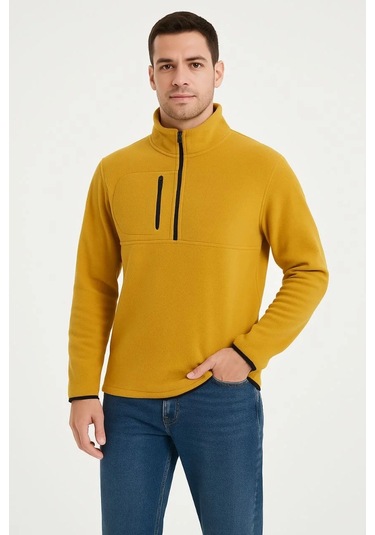 Erkek Polar Kazak Dik Yaka, Yarım Fermuarlı, Fermuarlı Göğüs Cepli, Siyah Biyeli, Kışlık Rahat Reg Sarı