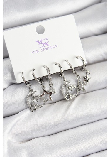 Pirinç Zirkon Taşlı Ay Ve Yıldız Model Gümüş Renk 3'lü Çift Kadın Küpe Çok Renkli