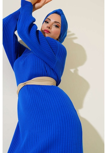 Bigdart 15900 Boydan Tesettür Triko Elbise - Saks