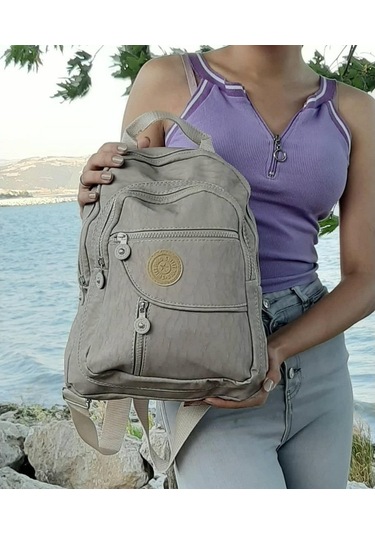 Fiyra S1 Vizon Renk Krinkıl Kumaş Dört Bölmeli Bayan Sırt Çantası-Vizon-Std
