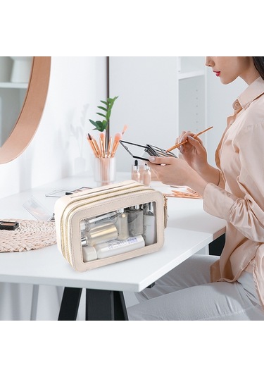 Sones Çift Katmanlı Pvc Su Geçirmez Seyahat Kozmetik Saklama Paketi Büyük Kapasiteli Islak Ve Kuru Ayırma Şeffaf Skylight Pu Çanta Gül Kırmızısı