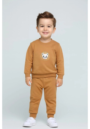 Erkek Çocuk Aslan Nakışlı 2 Li Takım Sweatshirt Ve Alt Eşofman %100 Pamuk Kahverengi