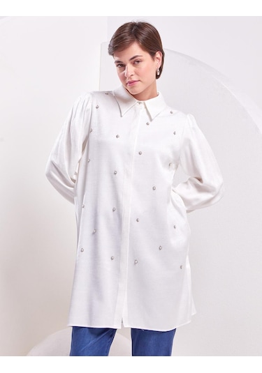 İnci İşlemeli Jakarlı Tunik-ekru Ekru