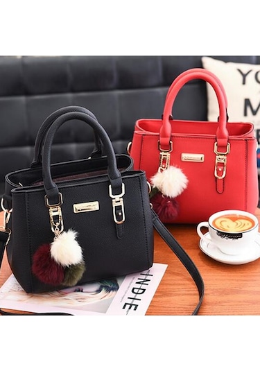 Kadınlar İçin Şık Küçük Çanta, Düz Renk Çapraz Çanta, Ponpon Topu Kolye İle Zarif Üst Sap Siyah