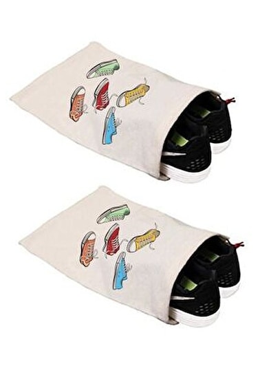 Ayakkabı Terlik Torbası 30 X 37 Cm., 2 Adet, Ham Doğal Bez Kumaş Çok Renkli