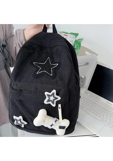Ebitda Siyah Y2k Estetik Sırt Çantası Yıldız Desen Tiki Kadife Sırt Çantası, Üniversite Öğrencisi Bilgisayar Çantası Kız İçin Siyah
