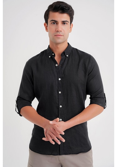 Comfort Fit Düğme Yaka Katlanır Kol %100 Keten Düz Siyah Gömlek G 1595 Siyah