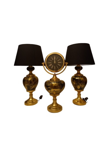 2'li Abajurlu Saatli Set Dekoratif Analog Saat - Gold Gold