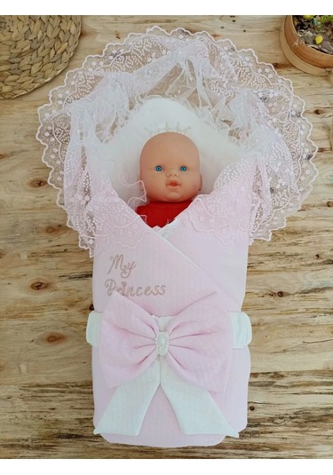 Bal Peteği My Princess Taç Nakış İnci Fiyonklu Dantel Duvaklı Delüks Kundak Bebek Battaniyesi Pembe Pembe