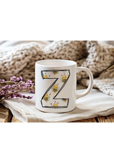 Z Harfi Arı Desenli Kupa - Sevimli Hayvan Temalı Kişiye Özel Kahve Kupası - Şans Kupası Beyaz
