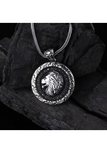 Otantik Motifli Zirkon Taşlı Gümüş Aslan Kolye Gümüş