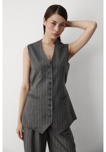 Antrasit Çok Düğmeli Çizgili Premium Takım Antrasit