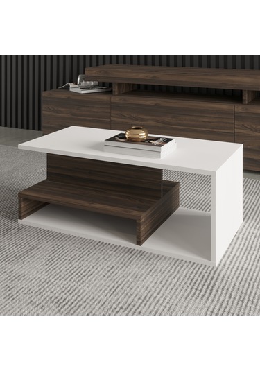 Vera Mini Orta Sehpa Modern Tasarım, Fonksiyonel Raflı Yap Beyaz/ceviz