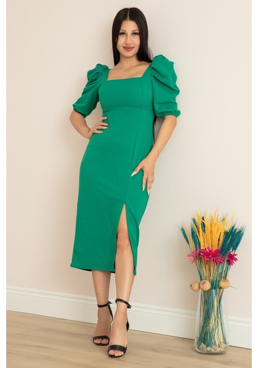 Kalopya Kare Yaka Prenses Kol Midi Krep Elbise 9003- Yeşil