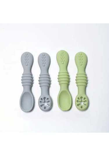 Hightower Yeşil Soğuk Gri 4 Parça Yemek Kaşığı Seti Silikon Mama Kaşığı Kendi Kendine Yeme Yeşil + Soğuk Gri